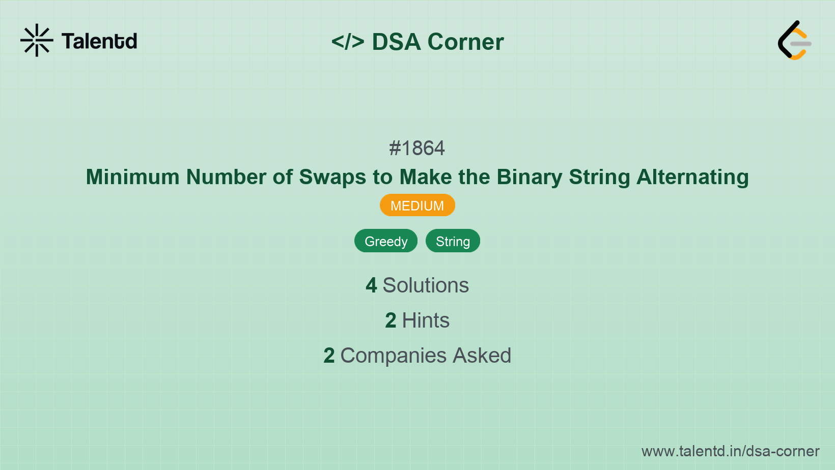 Problem visualization for Minimum Number of Swaps to Make the Binary String Alternating - A Medium level DSA problem
