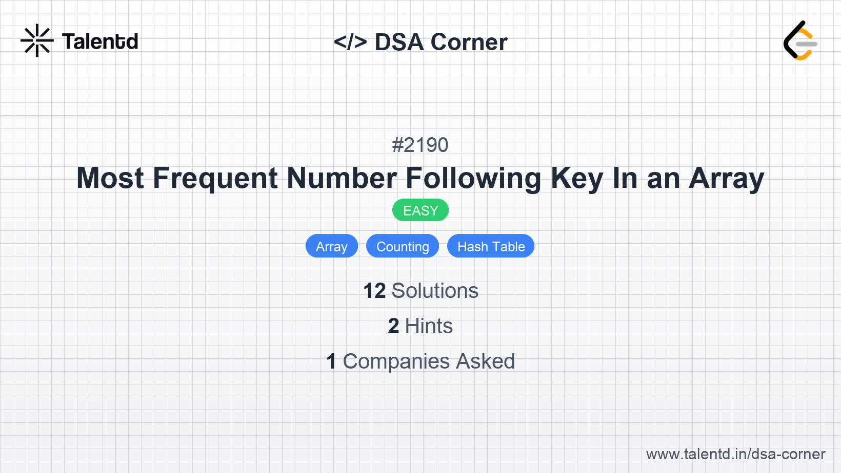 Problem visualization for Most Frequent Number Following Key In an Array - A Easy level DSA problem