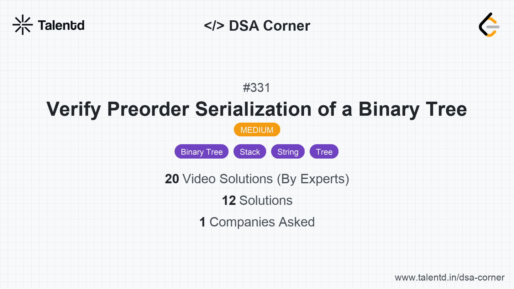 Problem visualization for Verify Preorder Serialization of a Binary Tree - A Medium level DSA problem